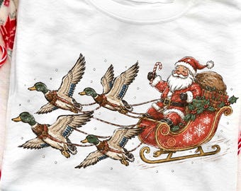Merry Retro Christmas Hunting PNG: Santa Duck Hunting Png, Mallard Sleigh Christmas Design, Outdoorsman Holiday Sublimation