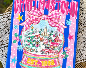 Striped Preppy Christmas Town PNG, Christmas Snow Globe PNG, Pink Christmas PNG, Retro Christmas Village,Xmas Tree Retro, Digital Download.