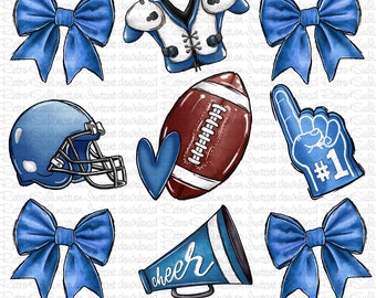 May include: A set of blue and white football themed clipart images. The set includes a football helmet, a football, a cheerleader megaphone, a heart, a bow, a foam finger, and a football jersey.