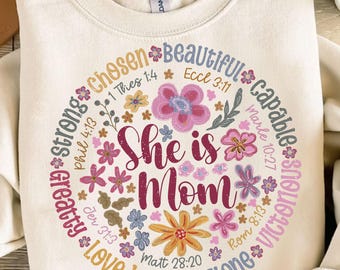 She Is Mom Boho Floral Png, Adjective Mother Png, Motherhood Png, Bible Verse Png, She Is Mom Sublimation, Mother's Day Png, Blessed Mom Png