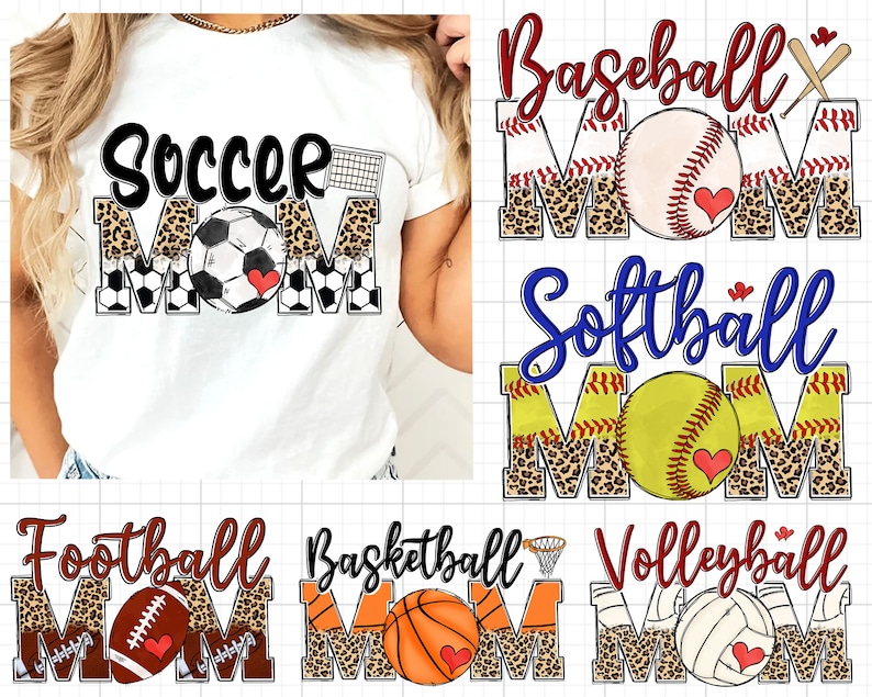 May include: A set of 10 digital designs featuring the word "MOM" with different sports balls and a leopard print background. The sports include baseball, softball, soccer, football, basketball, and volleyball.