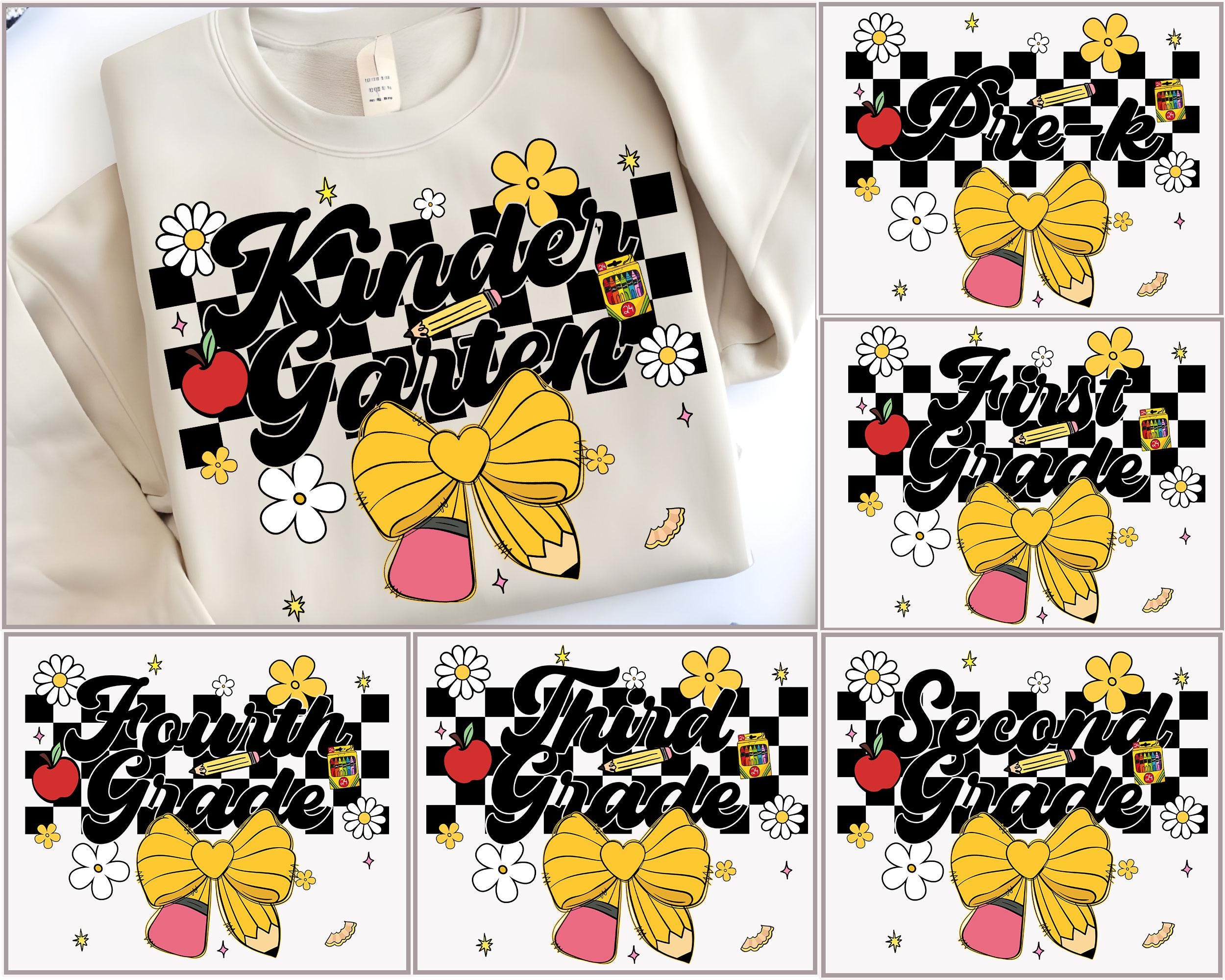 Coquette Back To School Pencil Bow Png Bundle, First Day Of School Png, Preppy Teacher Png, Girly Checkered Shirt Design, Digital Download