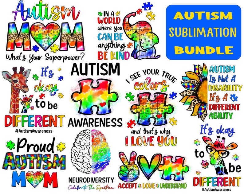 Pu&ograve; includere: Un pacchetto di sublimazione di 10 design con pezzi di puzzle colorati, giraffe, cuori e girasoli con il testo "Autismo" e "Va bene essere diversi" ripetuto per tutto. I design sono perfetti per creare t-shirt, tazze, borse e altri articoli personalizzati.