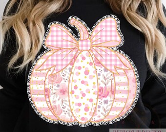 Pink Coquette Pumpkin Breast Cancer Png, Floral and Bow Autumn Gingham Png, In October We Wear Pink Shirt Design, October Pink Ribbon Png