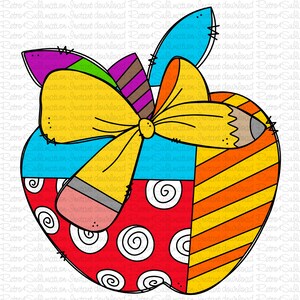 May include: A colorful apple-shaped design with a yellow bow, a pencil, and a red, white, and blue striped pattern. The apple is made up of different geometric shapes and patterns.