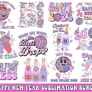 Paquete de PNG de feliz año nuevo, paquete de PNG de víspera de año nuevo retro 2024, PNG de bola de discoteca de año nuevo, PNG de fiesta de amor y paz, año nuevo de moda 2024