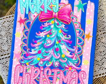 Preppy Christmas PNG: Colorful Christmas Tree Png, Trendy Striped Xmas Png, Merry Christmas (Digital Download)