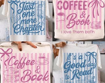 Coquette Book Lover PNG Bundle: Retro Stripes Bookworm Png, Coffee and Book Png, Bookish (Digital Download)