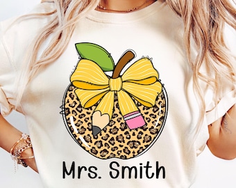 Personalized Leopard Apple Teacher PNG, Cute Pencil Bow Png,  Back To School Png, Teacher Life Png, Yellow Bow Png, Teacher Appreciation PNG