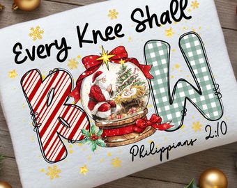 Belén navideño estilo preppy (PNG): Toda rodilla se doblará (PNG), diseño navideño cristiano, Navidad con Papá Noel (PNG)