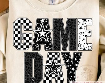 Game Day Star Leopard Png, Black And White Football Sublimation, Checkered Stars Letters Png, Trendy Sport Png, Retro Cheerleader Png