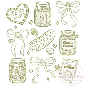 May include: A collection of line art illustrations featuring pickles and related items. Includes jars of pickles, a heart-shaped pickle, bows, a pickle snack bag, and the text "Classic Crunch". The design is in shades of green.