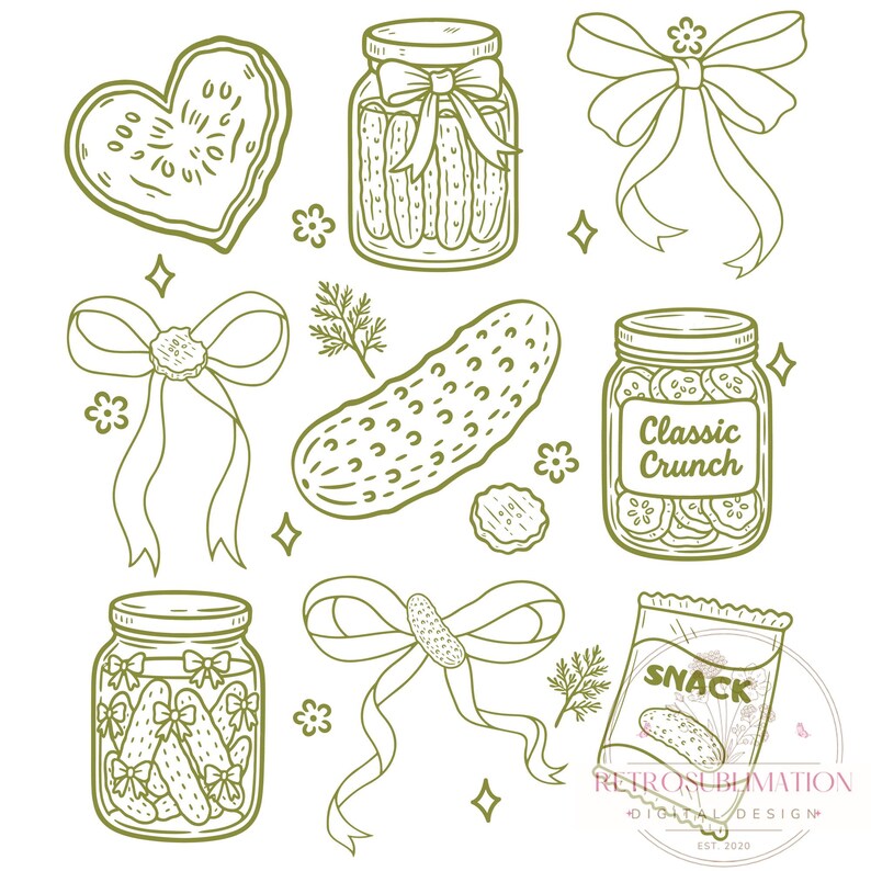 May include: A collection of line art illustrations featuring pickles and related items. Includes jars of pickles, a heart-shaped pickle, bows, a pickle snack bag, and the text "Classic Crunch". The design is in shades of green.