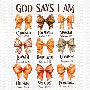 May include: A digital printable design featuring nine watercolor bows with different patterns and colors. Each bow has a bible verse and a word underneath it, such as "Chosen", "Forgiven", "Special", "Lovely", "Beautiful", "Created", "Unique", "Strong", and "Precious".