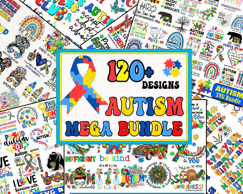 Pu&ograve; includere: Un pacchetto di design grafico colorato con oltre 120 design per la consapevolezza dell'autismo. I design includono pezzi di puzzle, arcobaleni e le parole "Autismo" e "Sii gentile".