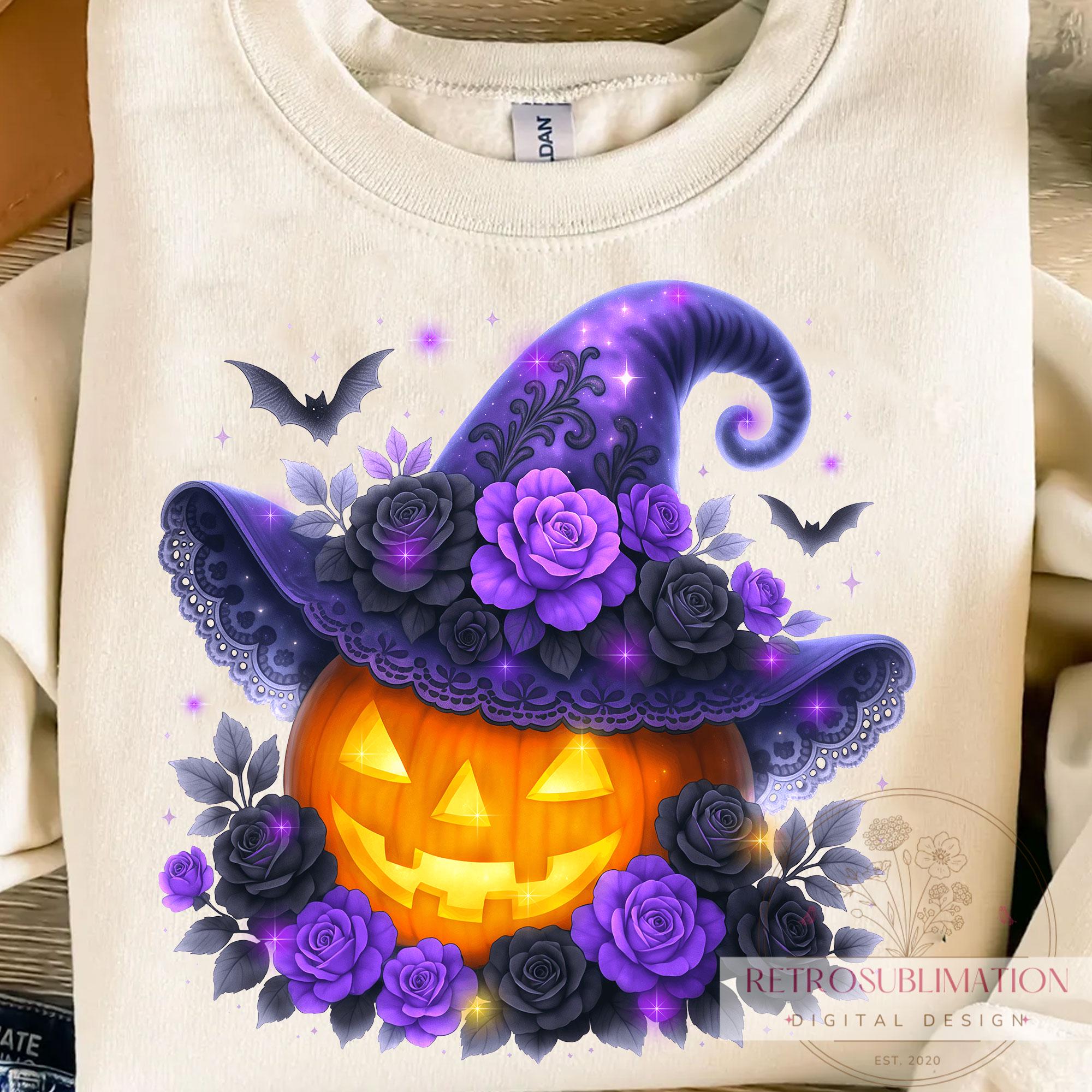 Purple Witch Hat and Pumpkin Png, Retro Halloween Png 