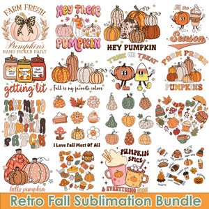 May include: A digital graphic design bundle featuring retro fall-themed illustrations, including pumpkins, gourds, leaves, and text. The text includes phrases like "Hey There Pumpkin", "Fall is my favorite colors", and "Pumpkin Spice & Everything Nice".