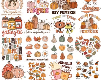 May include: A digital graphic design bundle featuring retro fall-themed illustrations, including pumpkins, gourds, leaves, and text. The text includes phrases like "Hey There Pumpkin", "Fall is my favorite colors", and "Pumpkin Spice & Everything Nice".