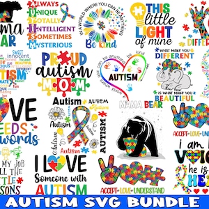 Pu&ograve; includere: Un pacchetto di download digitale colorato di file SVG con design di sensibilizzazione sull'autismo. I design includono frasi come "L'amore non ha bisogno di parole", "Sono la sua voce", "Orgogliosa mamma autistica" e "Questa piccola luce mia".