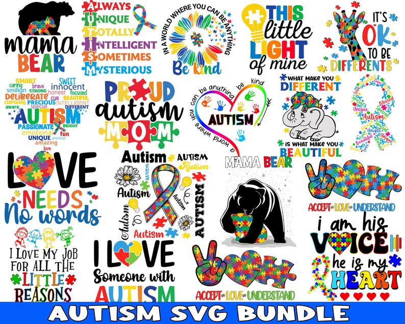 Pu&ograve; includere: Un pacchetto di download digitale colorato di file SVG con design di sensibilizzazione sull'autismo. I design includono frasi come "L'amore non ha bisogno di parole", "Sono la sua voce", "Orgogliosa mamma autistica" e "Questa piccola luce mia".