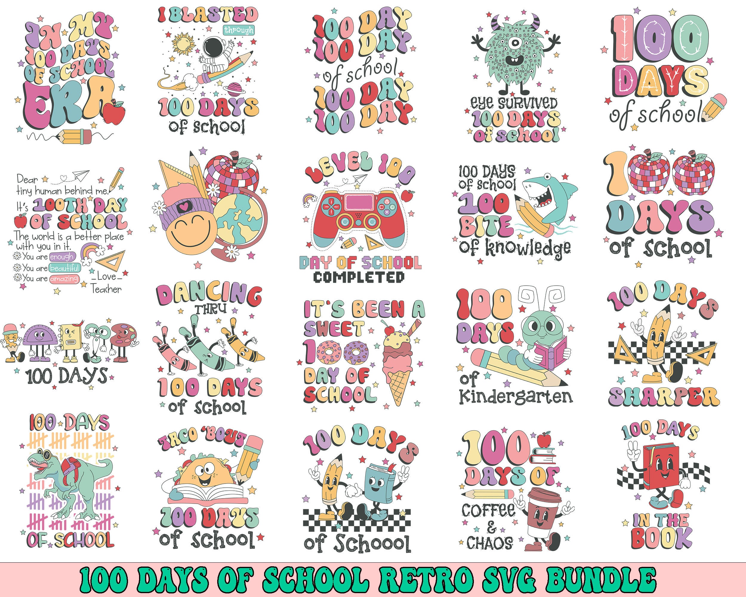 Pacchetto SVG retrò di 100 giorni di scuola, Pacchetto SVG retrò di 100 giorni, Pacchetto Svg di scuola, 100 giorni di scuola Svg, Felici 100 giorni, Ritorno a scuola Svg