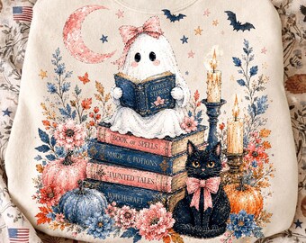Retro Halloween Ghost PNG: Ghost Reading Png, Fall Floral Cat Png, Spooky Season (Digital Download)