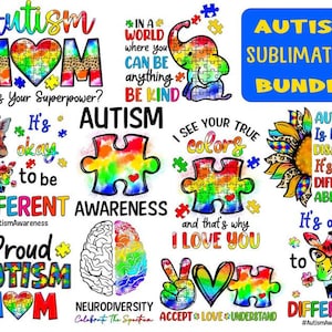 Pu&ograve; includere: Un pacchetto di sublimazione di 10 design con pezzi di puzzle colorati, giraffe, girasoli e simboli di pace. I design includono il testo "Consapevolezza dell'autismo", "Va bene essere diversi", "Vedo i tuoi veri colori", "L'autismo non &egrave; una disabilit&agrave;", "Orgogliosa mamma autistica", "Neurodiversit&agrave;", "Accetta, ama, comprendi" e "Ti amo".