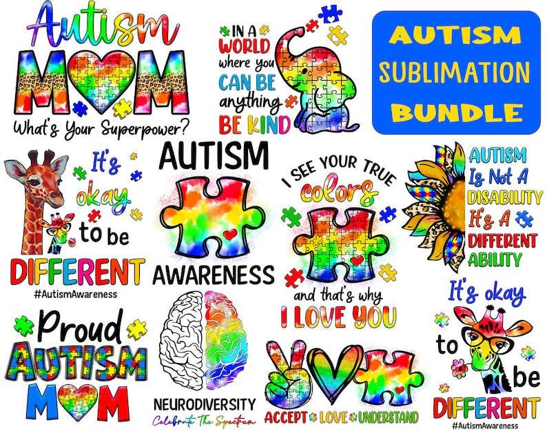 Pu&ograve; includere: Un pacchetto di sublimazione di 10 design con pezzi di puzzle colorati, giraffe, girasoli e simboli di pace. I design includono il testo "Consapevolezza dell'autismo", "Va bene essere diversi", "Vedo i tuoi veri colori", "L'autismo non &egrave; una disabilit&agrave;", "Orgogliosa mamma autistica", "Neurodiversit&agrave;", "Accetta, ama, comprendi" e "Ti amo".