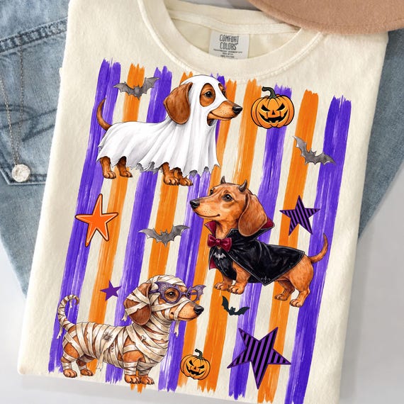 Striped Halloween Dachshund PNG: Funny Dog Costume Sublimation, Spooky Sausage Dog Png, Dog Mom Halloween (Digital Download)