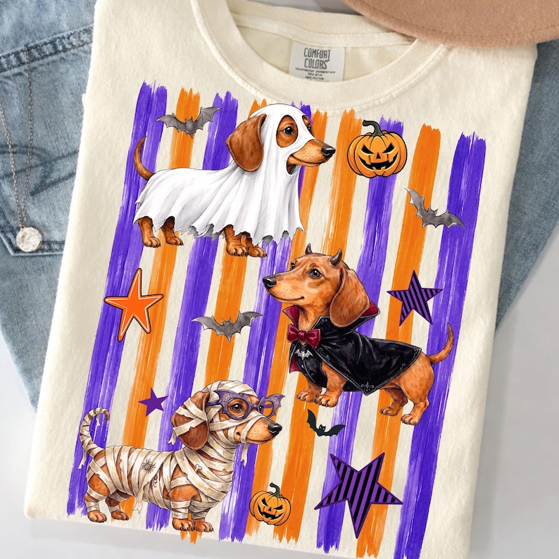 May include: A cream-colored t-shirt featuring a graphic of three dachshunds in Halloween costumes: one as a ghost, one as a vampire, and one as a mummy. The design includes orange and purple vertical brushstrokes, bats, stars, and pumpkins.