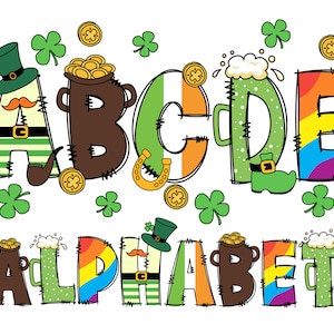 Pacote de alfabeto Doodle do Dia de São Patrício, letras de São Patrício, fonte do Dia de São Patrício, letras desenhadas à mão, letras PNG da sorte, feliz São Patrício