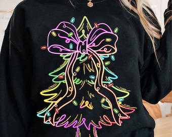 Neon Christmas Tree Coquette Bow Png, Neon Christmas Png, Christmas Tree Png, Merry Christmas Png, Merry and Bright Png, Christmas Gifts