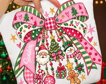 Custom Christmas Charm Bow PNG, Personalized Pink Plaid Bow Sublimation, Coquette Santa Snowman Gingerbread Xmas PNG, Digital Download.