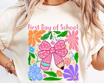First Day of School PNG, Pink Bow Pencil and Flowers Png, Pencil Bow Png, Back To School Png, Boho Floral Png, School Life Png, School Shirt