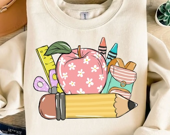 Personalized Back To School Png for Girl, Cute Pencil Apple Crayon Backpack Png, Custom Kid Name Png, Retro School Supplies, First Day Shirt