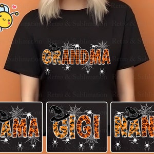 以下が含まれることがあります： ハロウィンをテーマにした黒いTシャツが3枚。シャツには、「おばあちゃん」、「ママ」、「ジジ」の文字がオレンジと黒の格子柄とカボチャ柄でデザインされています。それぞれの文字はクモの巣とクモで囲まれています。