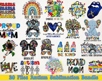 Pacchetto di sublimazione per la consapevolezza dell'autismo, Abbraccia i diversi dinosauri autistici, Elefante autistico png, Mamma autistica png, Arcobaleno autistico sublimazione