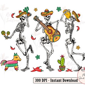 Peut inclure: Trois squelettes portant des sombreros et jouant des instruments de musique. Un squelette joue de la guitare, un autre des maracas et le troisième tient un taco. Les squelettes sont entourés de fleurs et de cactus colorés.