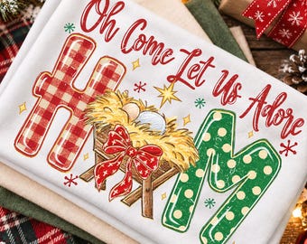 Oh Come Let Us Adore Him PNG, Christmas Nativity PNG, Christian Christmas Sublimation, Plaid Polka Dot Lettering, Coquette Religious PNG.
