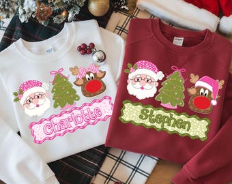 Custom Name Christmas PNG, Pink Santa Reindeer Holiday Sublimation, Personalized Xmas Shirt File