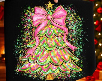 Splatter Paint Christmas Tree PNG: Coquette Bow, Festive Xmas (Digital Download)