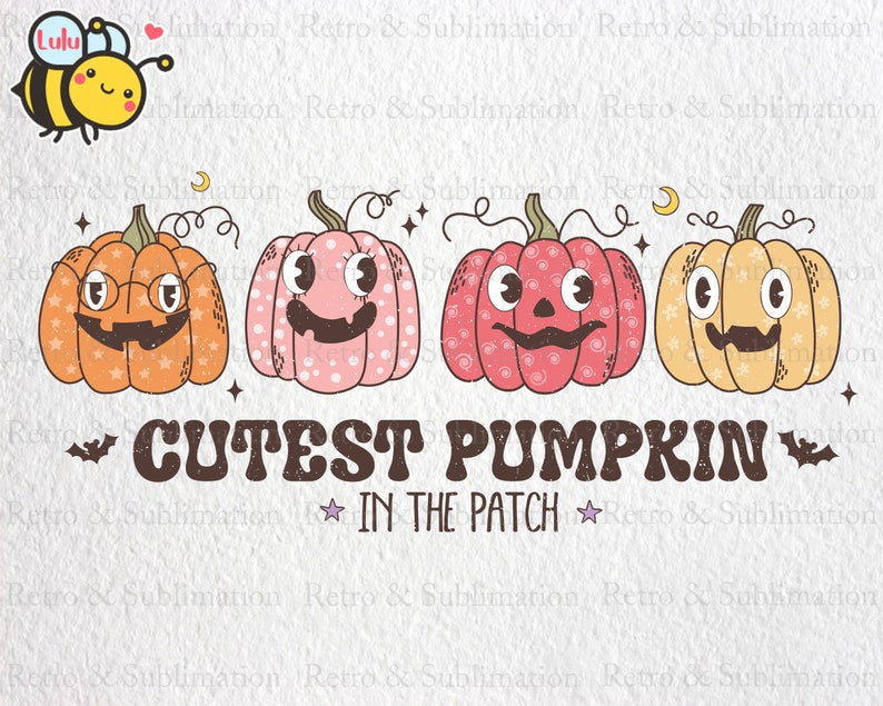 Może przedstawiać: Cztery kresk&oacute;wkowe dynie z r&oacute;żnymi wyrażeniami twarzy i wzorami. Dynie są pomarańczowe, r&oacute;żowe, czerwone i ż&oacute;łte. Tekst "CUTEST PUMPKIN IN THE PATCH" znajduje się pod dyniami.