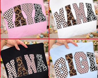 Pacchetto PNG Retro Mama: motivo a scacchi leopardati, lettere floreali (download digitale)