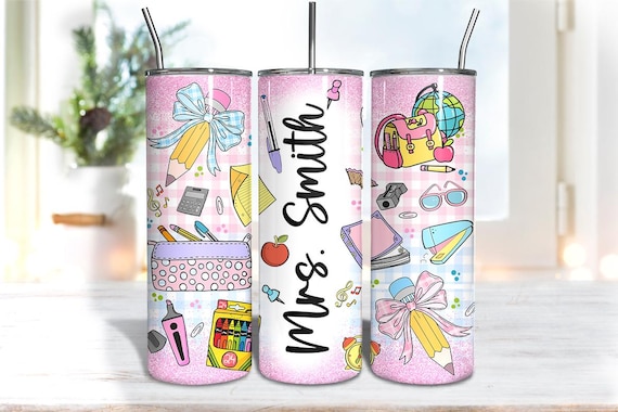 Personalized Teacher Tumbler Wrap Pink Coquette School Png, Custom Name Sublimation Designs 20 oz Skinny Tumbler Png, Cute Pencil Crayon