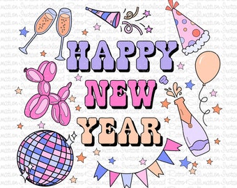 Retro Szczęśliwego Nowego Roku 2024 Png, Disco Ball Nowy Rok PNG, Nowy Rok 2024 Png, Nowy Rok PNG, Disco Ball PNG, Modny Nowy Rok 2024 Design Png