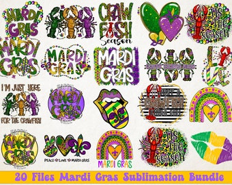 Könnte beinhalten: Ein Set mit 20 Mardi Gras Sublimationsdesigns mit verschiedenen bunten Grafiken, darunter Krebse, Herzen, Regenbögen und Text wie "Mardi Gras" und "Es ist die Saison".