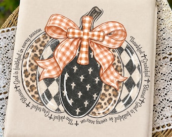 Leopard Pumpkin Christian Thanksgiving PNG, Plaid Pumpkin Thankful Grateful Blessed PNG, Cross Bow Fall Faith Sublimation, Autumn Png.