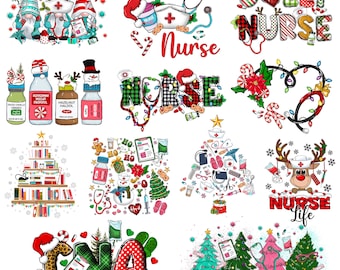 May include: A digital collage of 10 Christmas-themed designs featuring nurses, CNAs, and medical symbols. The designs include a Christmas tree made of medical supplies, a reindeer wearing a nurse's hat, and a snowman with a stethoscope. The text "Nurse Life" and "Jolly Nurse" are featured in the designs.