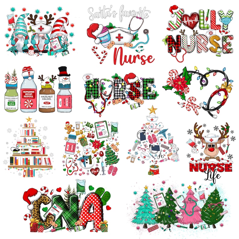 Puede incluir: Un collage digital de 10 dise&ntilde;os navide&ntilde;os con enfermeras, auxiliares de enfermer&iacute;a y s&iacute;mbolos m&eacute;dicos. Los dise&ntilde;os incluyen un &aacute;rbol de Navidad hecho de suministros m&eacute;dicos, un reno con un gorro de enfermera y un mu&ntilde;eco de nieve con un estetoscopio. Los textos "Nurse Life" y "Jolly Nurse" aparecen en los dise&ntilde;os.