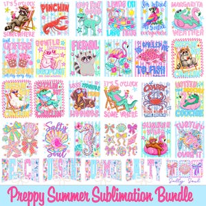 May include: A collection of colorful preppy summer sublimation designs. The designs feature various animals, including a raccoon, lobster, dinosaur, flamingo, parrot, and crab, with summer-themed text. The designs are in shades of pink, blue, and green.